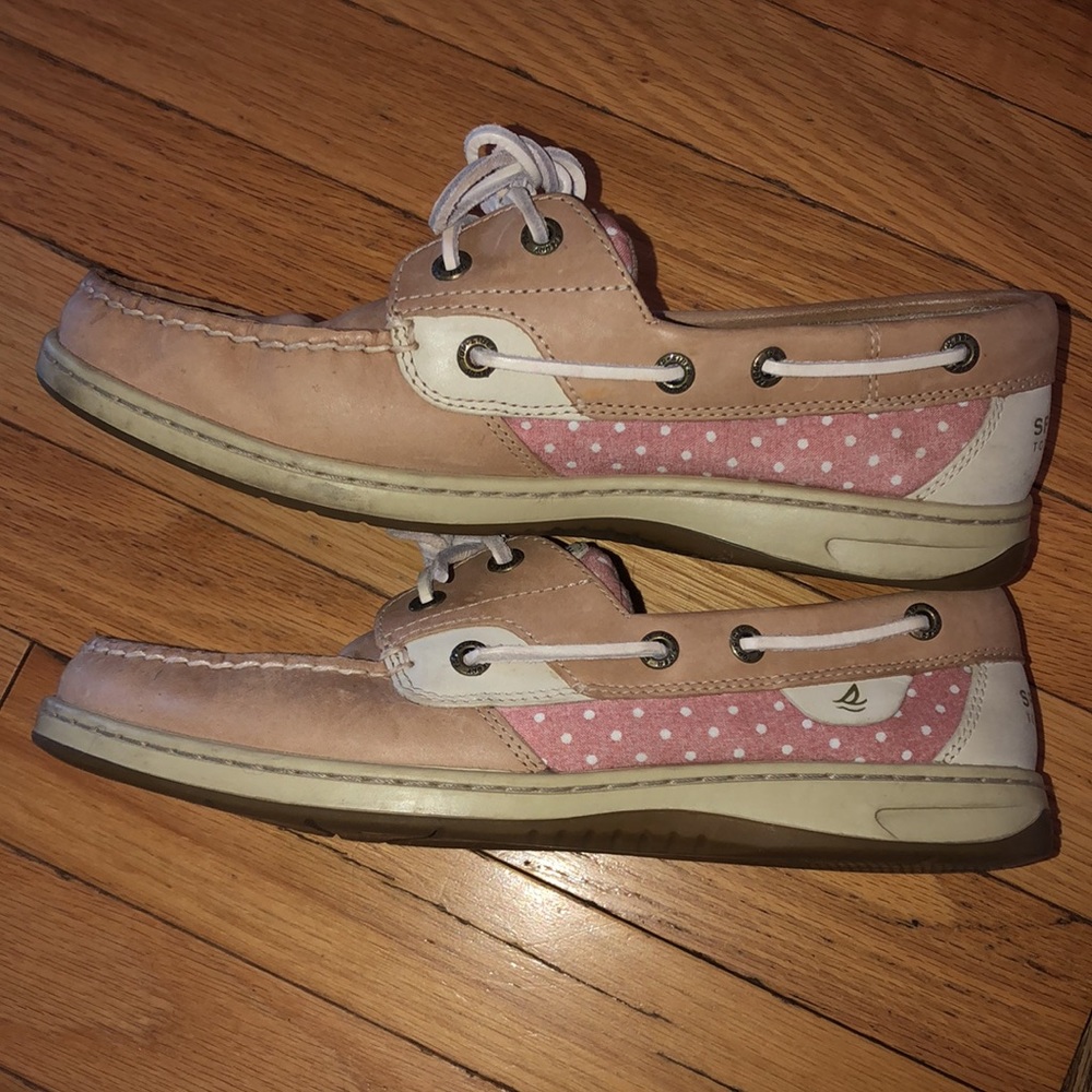 Sperry Top-Siders Pink pattern with white Polka Dots on Tan Leather - Picture 3 of 10